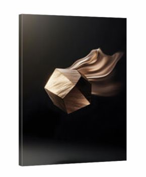 A rich, warm-toned, geometric object, seemingly floating, with flowing, draped fabric.  Dark backdrop