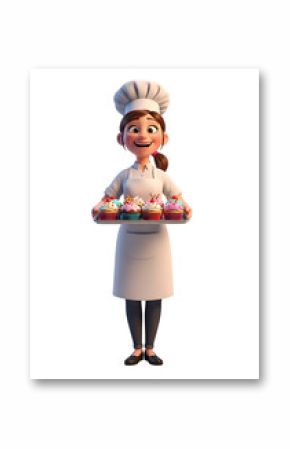 Cartoon chef character holding a tray of colorful cupcakes.