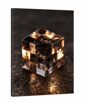 Glowing Transparent Faceted Cube On Dark Surface