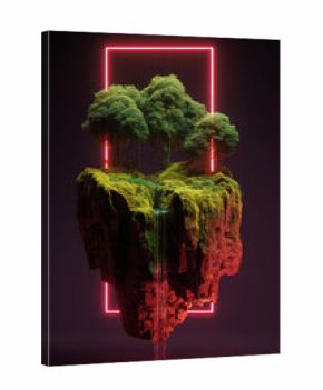 Floating island with lush trees, waterfall, and neon frame