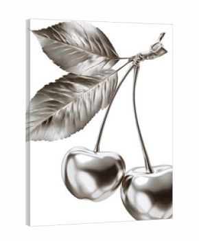 Two metallic silver cherries with leaves