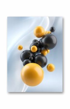 Abstract 3D spheres, yellow and black, on a light-gray background with flowing curves