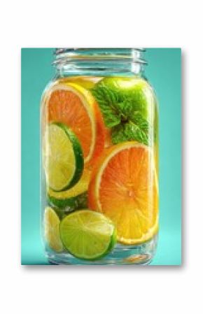 A clear glass mason jar filled with vibrant citrus fruit slices and fresh mint leaves, creating a refreshing summer drink