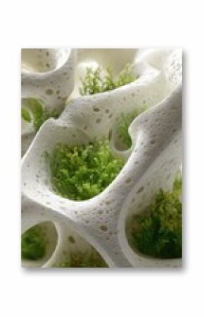 White, porous, sculpted form with embedded green plants