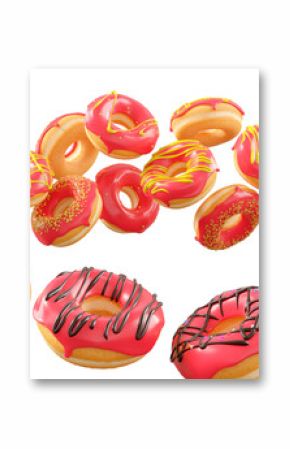 Donuts with red fruit glaze, sprinkles, white drizzle, and dots isolated on white transparent background. 3d rendering and illustration of dessert variety