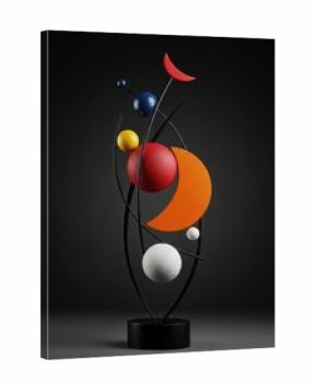 Abstract Modern Sculpture with Colorful Spheres and Arcs on Dark Background