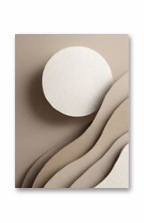 Abstract composition of layered, flowing shapes in muted earth tones. A large, smooth, white circle is positioned above a series of overlapping, curved planes in varying shades of beige and taupe