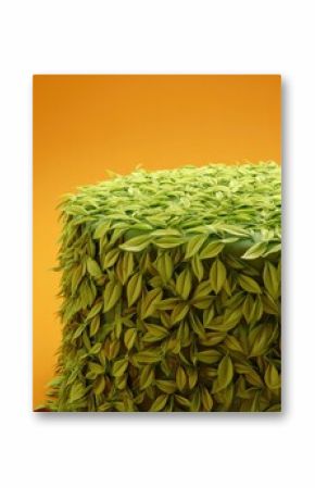 3D rendered cake covered in stylized leaves on an orange background