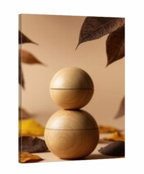 Two light brown wooden spheres stacked, autumnal leaves scattered around