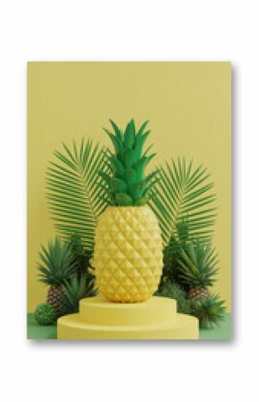 Stylish 3d render of a yellow pineapple on a yellow podium with tropical foliage