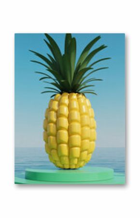 3d render of a stylized yellow pineapple on a green podium against a clear blue sky