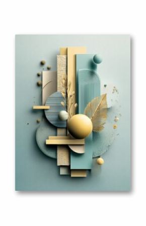 Modern Abstract Geometric Composition with Spheres, Leaves, and Textured Blocks in Muted Pastel Colors