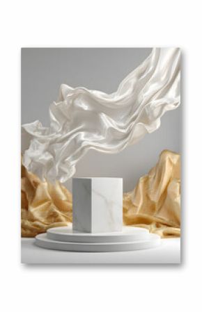 Luxury background for branding and product presentation. White podium and gold fabric flying element. 3d rendering illustration.
