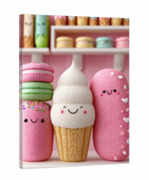 A whimsical 3D illustration of a bakery featuring smiling pastries in a cartoon style.