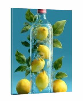 Glass bottle filled with lemons and water, surrounded by leaves