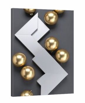 A modern geometric design featuring a stylized silver corner and golden spheres, creating a sophisticated and elegant composition against a dark backdrop.