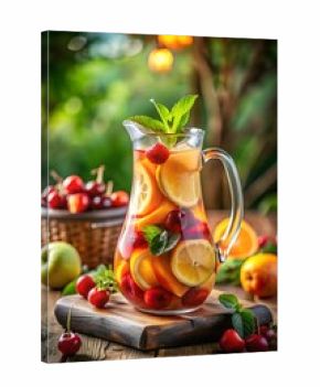 3d icon of refreshing pitcher of fruit infused water with lemon, orange, and cherries, garnished with mint, served outdoors on a wooden table