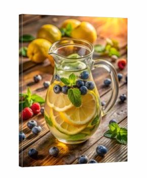 3d icon of refreshing lemonade with lemon slices, blueberries, and mint in a glass jug on a wooden table, a perfect summer drink