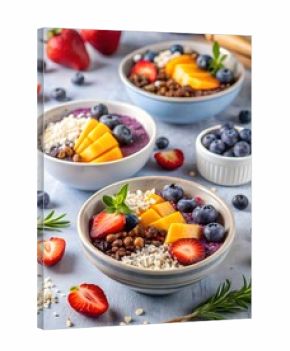 3d icon of three bowls of healthy breakfast porridge topped with fresh strawberries, blueberries, mango slices, and nuts, a nutritious and vibrant start to the day
