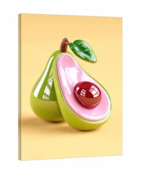 Yellow Background Glossy Avocado Half. Shiny 3D avocado half with seed, pastel glossy style. Suitable for health concepts, food packaging, diet promotion and creative illustration.