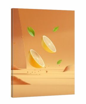 Two lemon slices, suspended in air, above a muted, sandy, orange background with scattered, small green leaves