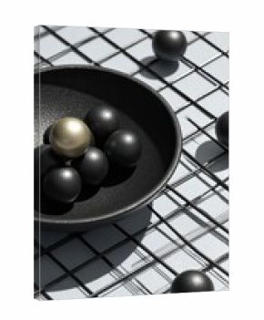 A black bowl holds a cluster of black spheres, with one golden sphere positioned centrally.  A light gray grid pattern is visible beneath
