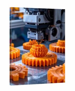 Orange 3D-printed gears are being meticulously created by a sophisticated industrial 3D printer.