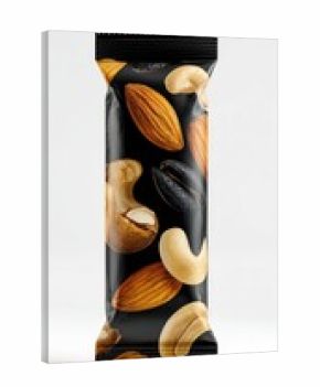 A black, vertically oriented snack bar package, featuring a repeating pattern of almonds, cashews, and sunflower seeds
