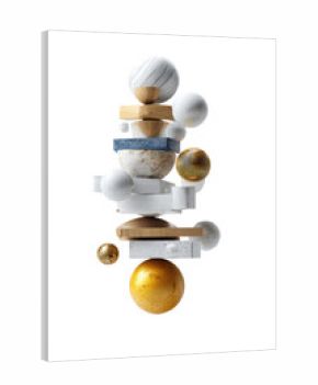 Abstract stack of geometric shapes.  Various pastel colors and gold accents