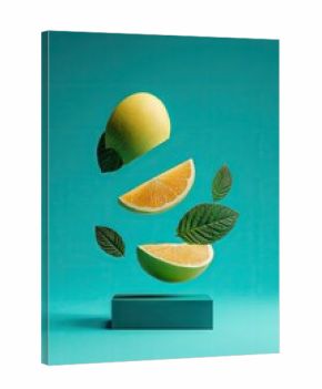 Citrus slices and leaves levitate over teal background
