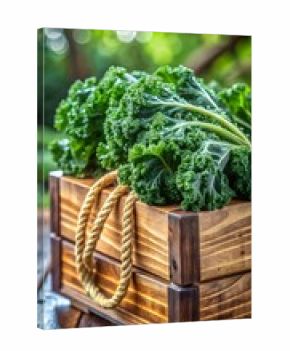 3d icon of fresh, curly green kale leaves are displayed in a rustic wooden crate with a rope handle, set on a wooden surface with a blurred green garden background