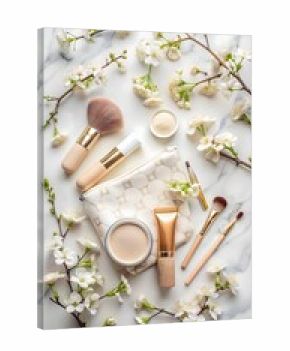 3d icon of a flat lay of makeup brushes, cosmetic products, and delicate white flowers arranged on a marble surface, creating an elegant and sophisticated beauty aesthetic