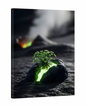 Generative AI Glowing Plant in Rock Formation Green 3d render Stone Nature Growth Futuristic Abstract Innovation Potential Science Future Discovery New life - Perfect For Your Project