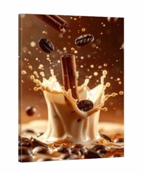 Aromatic Coffee Splash With Cinnamon and Beans 3d Render