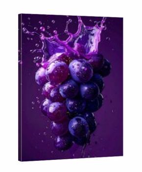 Dynamic 3d Splash of Ripe Grapes with Purple Liquid Droplets and Bubbles
