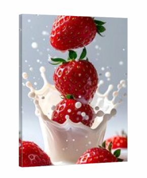 Delicious Red Strawberries Splashing Into Creamy White Milk 3d