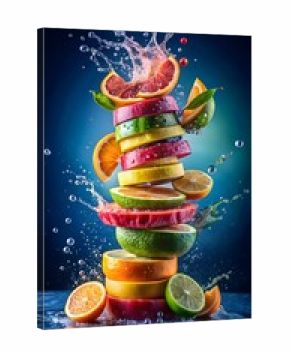 3d icon of a vibrant, dynamic tower of sliced fresh citrus fruits, including oranges, grapefruits, and limes, splashing in water against a dark blue background
