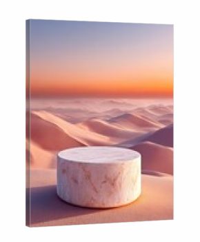 A round, light beige marble pedestal sits in a vast desert landscape at sunrise