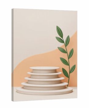 Minimalist 3d render of a podium display with a green leafy branch composition