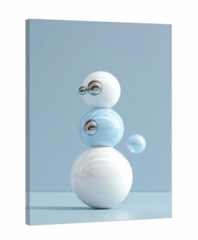 A minimalist abstract composition featuring a stack of glossy spheres in white and light blue hues. The spheres are arranged against a soft blue background, creating a modern and futuristic aesthetic.