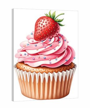 3d illustration of watercolor cupcake with pink frosting and strawberry isolated on transparent background for sweet dessert concept