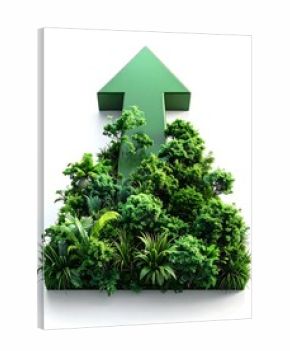 Green arrow pointing up, lush green plants at base