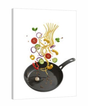 Isolated Food Preparation 3d Rendering Cooking Ingredients Flying Over Frying Pan