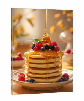 3D Realistic Stack of Pancakes with Honey Drizzle and Fresh Berries 
