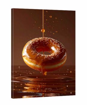 3d rendering of a donut floating and sinking halfway in thick oil, minimalist composition, saturated dark brown background,