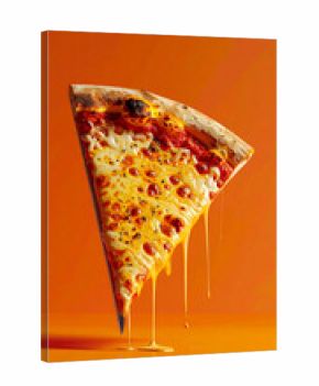 3d rendering of a pizza slice with metallic knife edge crust, minimalist composition, saturated orange background.