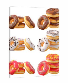 Assorted donuts with colorful icing, sprinkles, and chocolate isolated on white transparent background