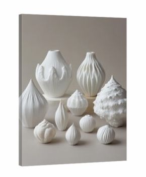 Collection Of White 3D Printed Vases On Beige Background