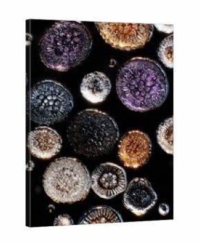 Macro of embroidered floral motifs with metallic beads on dark fabric