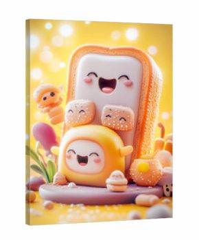 Playful Bread Mascot in a Dreamy Celebration. Cute and funny bread character, bakery, 3d rendering. 